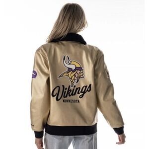 The Wild Collective NFL Minnesota Vikings Women's XL Faux Leather Bomber Jacket‎